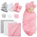 BQUBO Newborn Receiving Blankets Cotton Warm Sleepsack with Mittens & Bow Hats Hospital Baby Swaddling Shower Gift