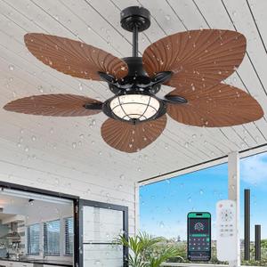 PHORUS 52" Waterproof Outdoor Palm Leaf Ceiling Fans with Lights and Remote,Wet Rated Tropical Ceiling Fans for Patios Porch Gazebo Pergola