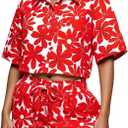 WDIRARA Women's 2 Piece Floral Print Set Short Sleeve Button Down Blouse and Drawstring Shorts Outfits (XL)