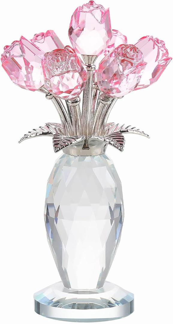 Crystal Pink Rose Flower Figurine with Vase, Handmade Romantic Rose Gifts Bouquet for Wife Mom Women, Glass Rose Flower with Stem Home Decor for Valentine Mother's Day Christmas