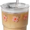 13oz Glass Tumbler with Straw and Lid, Reusable Iced Coffee Cup Tumbler, Cute Glass Cups for Water, Matcha, Travel Coffee Mugs (Pink Flower) (Pink Flower - 13oz)