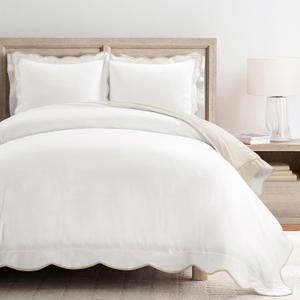 Lush Decor Coastal Chic Scalloped Edge Cotton Duvet Cover Set, 3 Piece Set, Full/Queen, Neutral & White - Queen Bedding Set - White Duvet Cover Queen - Coastal Decor