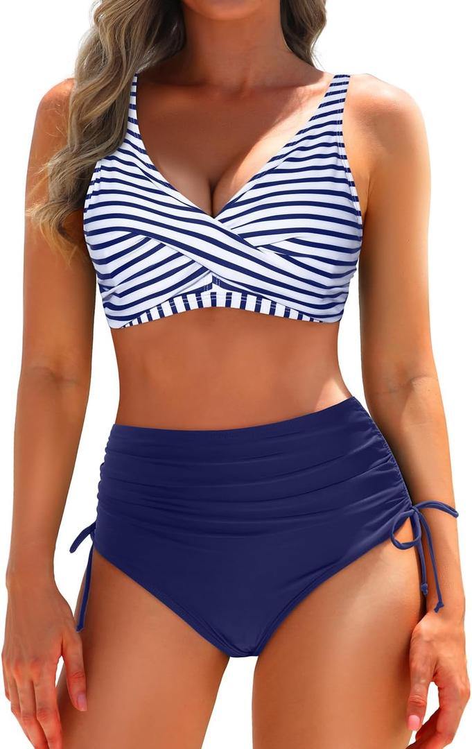Aqua Eve Women High Waisted Bikini Twist Front Swimsuits Lace up Bikini Tops Ruched Push up 2 Piece Bathing Suits Navy Striped M Aqua Eve Women High Waisted Bikini Twist Front Swimsuits Lace up Bikini Tops Ruched Push up 2 Piece Bathing Suits Navy Striped M