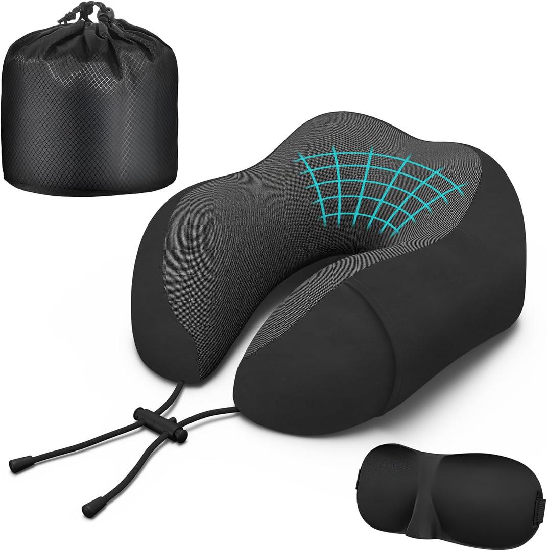 Neck Travel Pillow, Upgraded Memory Foam Pillow for Airplane, Machine Washable, Adjustable Flight Pillow, Suitable for Sleeping Airplane, Car, Office and Home (Black)