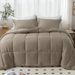 KASENTEX Crinkle Comforter Set Twin Size,Fluffy Lightweight 3-Piece Bed Set,Soft Warm Down Alternative Duvet Insert,Breathable Muslin Comforter,Machine Washable, All-Season, Brown