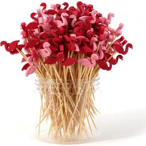 Cocktail Picks 200 Counts Handmade Sticks Wooden Natural Bamboo Toothpicks Cocktail Sticks Party Supplies (Flamingo)
