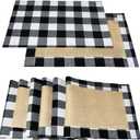 Senneny Set of 6 Christmas Placemats Buffalo Check Placemats Black White Plaid Reversible Burlap & Cotton Place mat for Christmas Holiday Table Home Decoration