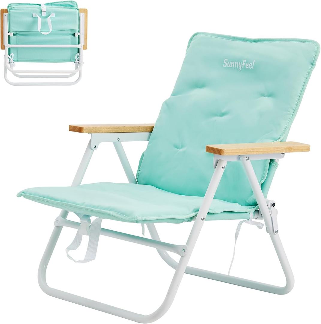 SUNNYFEEL Foldable Beach Chair, Beach Chair Backup with Wood Armrest & Cushion, Lightweight Camping Chair Heavy Duty for Beach, Camping, Lawn, Outdoor, Mint Green, 20.08 inches x 25.2 inches x 25.59 inches