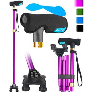 Quad Canes for Women, Folding Walking Cane for Stability Suitable for 5.4FT-6.3FT, Adjustable Self Standing Cane with Pad for Men and Seniors Balance