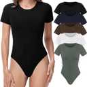 Sundwudu 5 Pack Body suits for Women - Stretchy Bodysuit Womens Tops Round Neck T Shirts for Women (X-Large, A-black/Brown/White/Olive Green/Navy)
