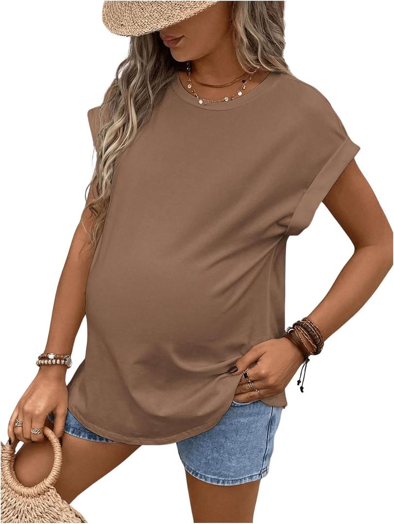 MakeMeChic Women's Maternity Shirts Round Neck Short Sleeve Maternity Tops Summer Pregnancy Clothes (Brown, XL)