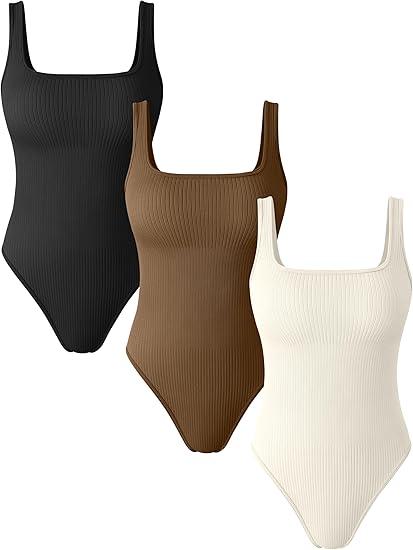 OQQ Women's 3 Piece Bodysuits Sexy Ribbed Sleeveless Square Neck Tank Tops Leotard 2025 Trendy Outfits (Black,coffee,beige, Medium)
