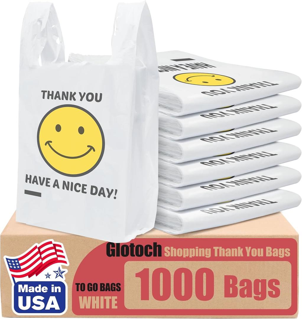 Glotoch 1000 Count - Plastic Thank You T-shirt Bags Smile Face White, 11.5 x 6.5"x 21" Grocery Bags with Handles for Restaurant, Retail, Grocery Store, Takeout, Convenience Stores, Shopping Bag in Bulk