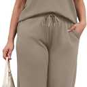 WIHOLL Two Piece Set for Women Summer Outfits Vacation Lounge Sets Round Neck Matching Sets Wide Leg Crop Pants (Beige, XL)