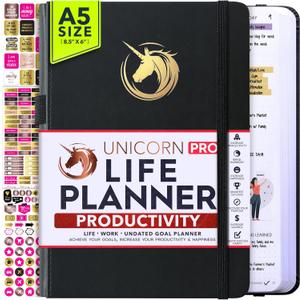Life Planner - Undated Daily, Weekly & Monthly Planner with Budget Section | A 12 Month Journey to Increase Productivity & Happiness | Life Organizer & Gratitude Journal - Horizontal Format (UNICORN)