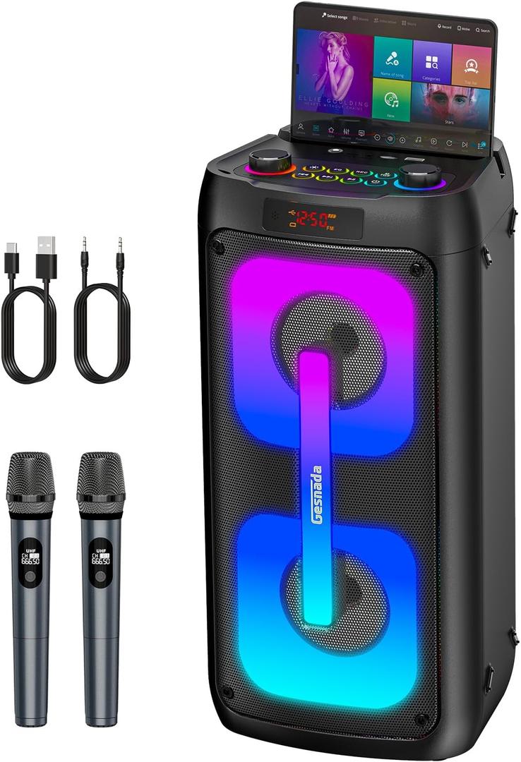 Karaoke Machine for Adults, Bluetooth Speaker with 2 Wireless Microphones, Portable PA System with Dicso Lights for Big Pary, Stage Subwoofers, Outdoor, Ideal Gifts for Family, Music Lover