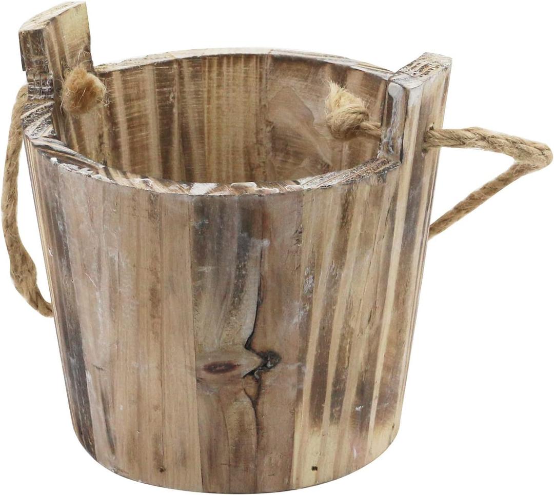 MY MIRONEY 20 OZ Plant Pots, Vintage Wooden Barrel Planter - Solid Rustic Garden Flower Pot with Metal Handles & Frame for Indoor Planter, Office Home Decor, Garden Home Plants, 5.12" x 3.82"