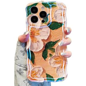 UEEBAI Case for iPhone 13 Pro, Colorful Retro Oil Painting Flower Case Pretty Glossy Pattern Wave Cover Cute Sparkly Floral Curly Cover Stylish Shell for Women Girl, Yellow Flower