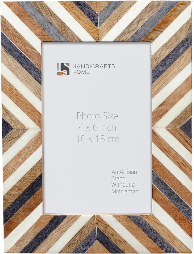 Handicrafts Home 4x6 Picture Frame- Herringbone Chevron Pattern Bone & Resin Frame Handmade Picture Photo Frame Chevron Herringbone Art Inspired Vintage Table-Top/Wall Dcor Frames (4x6 Inches, Gray,White,Wood), Hypno Daze