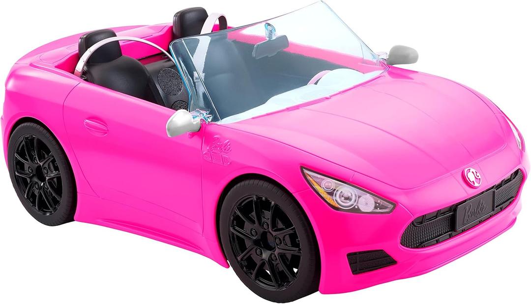 Barbie Convertible 2-Seater Vehicle, Pink Car with Rolling Wheels & Realistic Details, Gift for 3 to 7 Year Olds