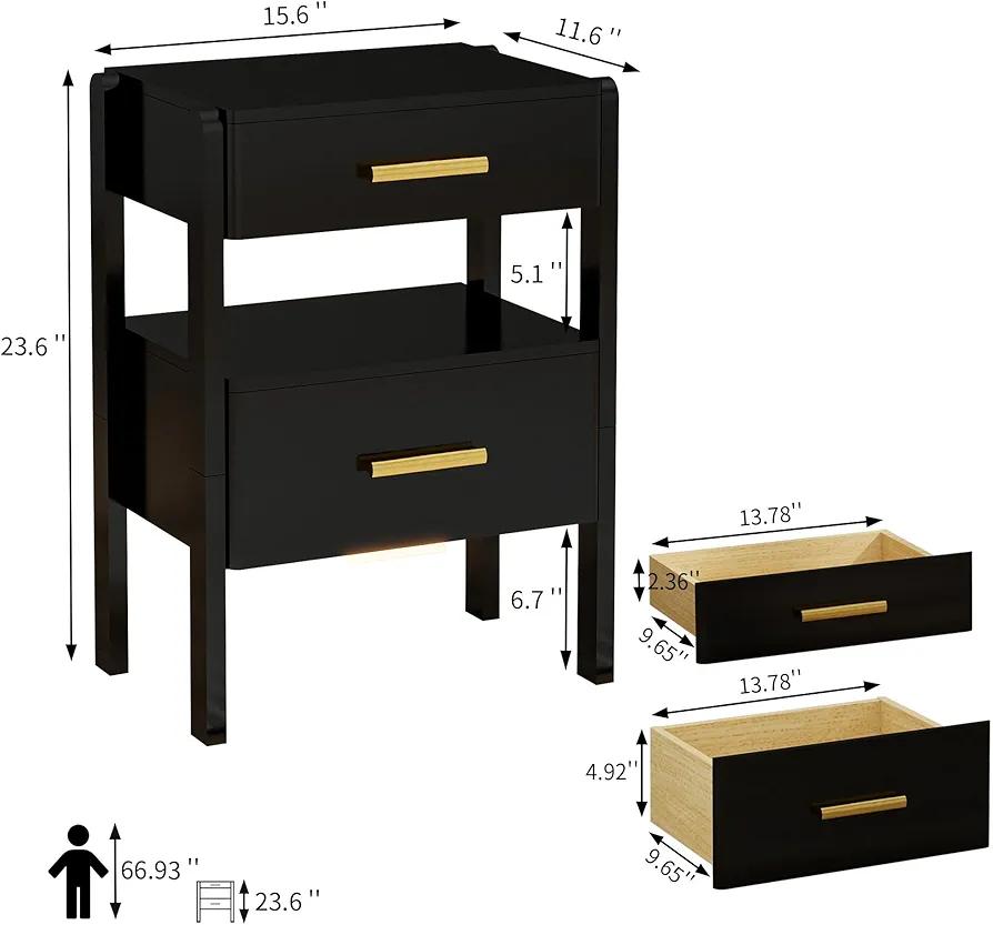 Edospaen Nightstand with 2 Drawers and Open Shelf Solid Wood Bedside Table Storage Night Stand with Light for Bedroom, Black