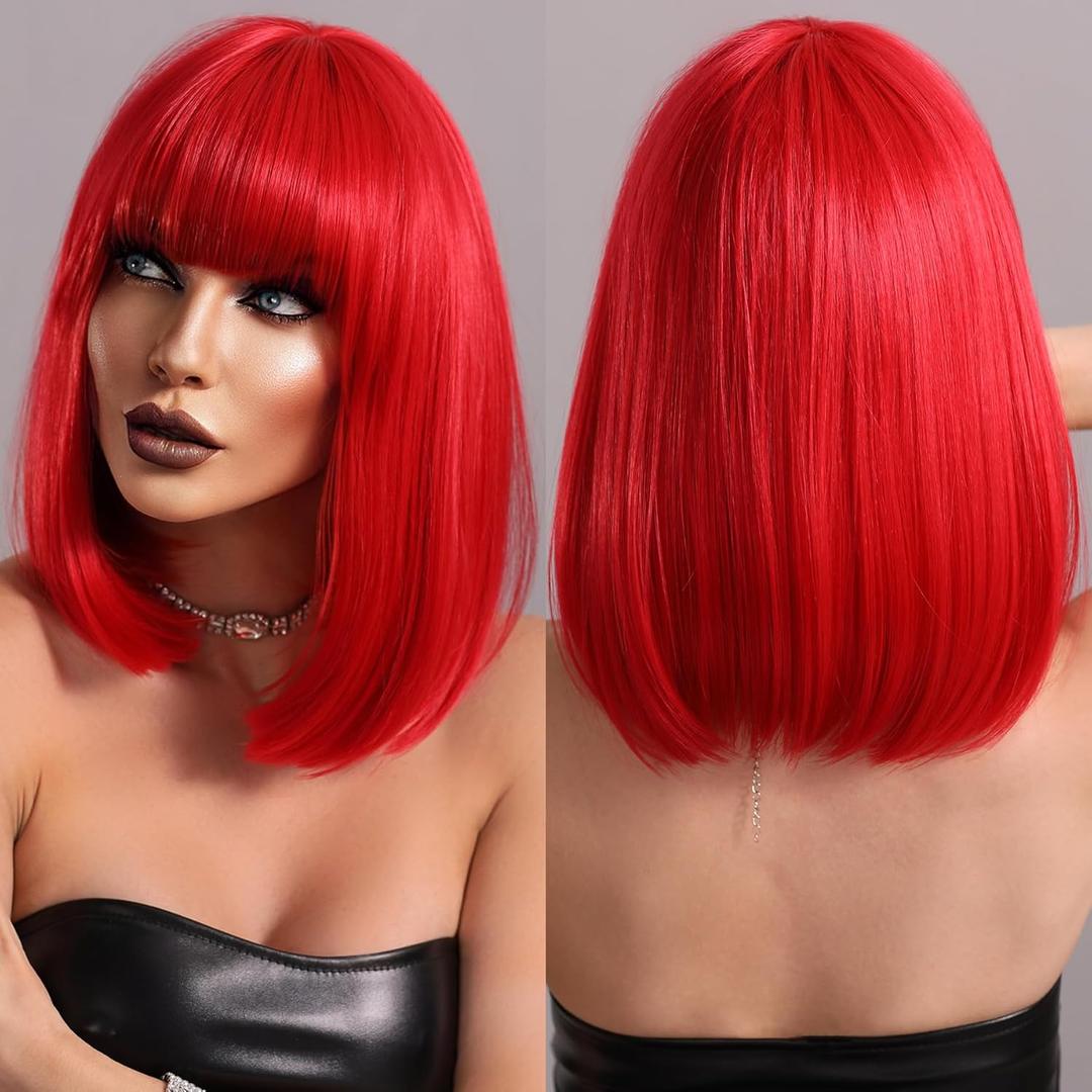 PARK YUN Short Red Bob Wigs for Women Glueless Synthetic Shoulder Length Wig with Bangs Heat Resistant Straight Blunt Cut Wig for Girls Daily Party Cosplay 14 inch