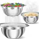 Stainless Steel Colanders with Mixing Bowl - 2.0QT & 2.0QT Strainer and Colander with Handle, 3.0QT Nesting Kitchen Bowl with Colander For Pasta, Vegetables, Fruit, Rice, 3PCS (Silver)