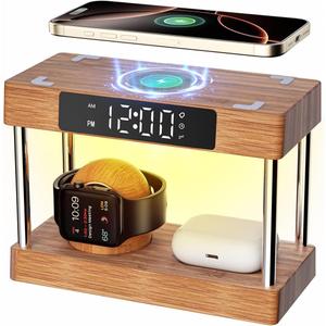 Bamboo Wireless Charging Station with Clock, Gifts for Her Him Bedside Light Alarm Clock with Wireless Charging, Bamboo Charging Station for Multiple Devices iPhones 16-8|AirPod|iWatches (Brown & Alarm LED)