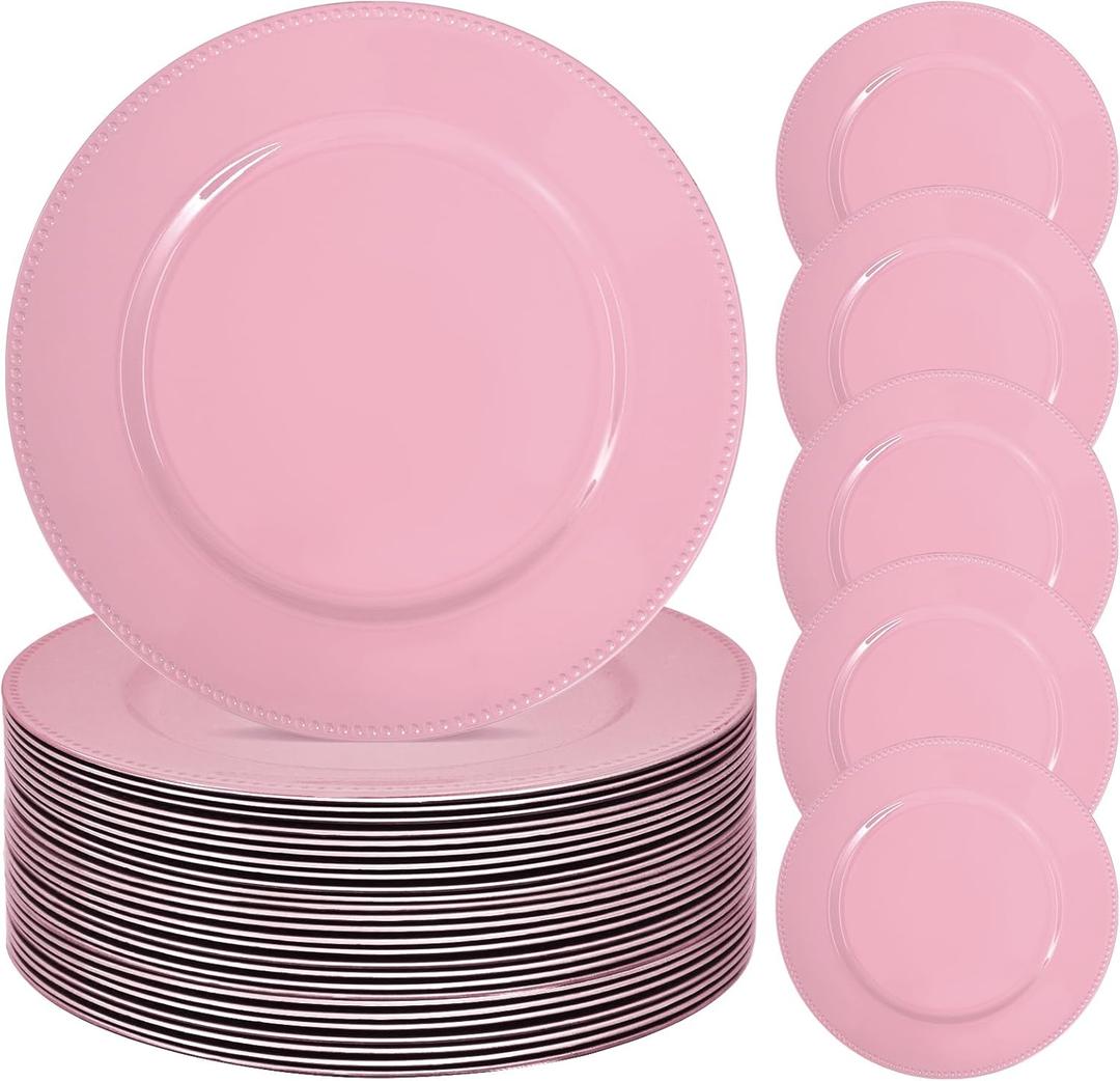24 Pcs Pink Charger Plates Bulk, 13" Round Beaded Plate Chargers for Dinner Plates, Decorative Dinner Chargers Plastic Table Chargers for Wedding Holiday Party Baby Shower Event Decoration (Pink)