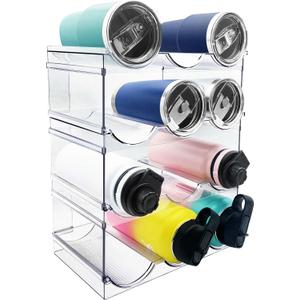 4 Pack Water Bottle Organizer, Stackable Kitchen Pantry Organization and Storage Shelf, Plastic Bottle Holder for Fridge Kitchen Cabinet Organizer and Storage, Tumbler Mug Cup Organizer (12-bottle)