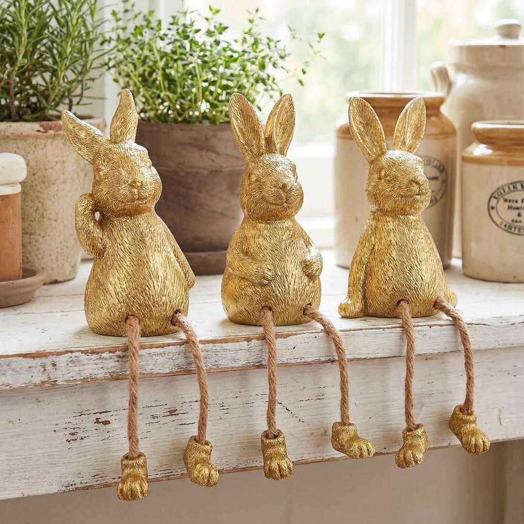 Yookeer 3 Pcs Shelf Sitters with Dangling Legs, 7 Inch Little Resin Gold Rabbit Figurines, Decorative Bunnies for Home Decor Office Desk Table Decor, Gift for Mothers, Teachers, Friends