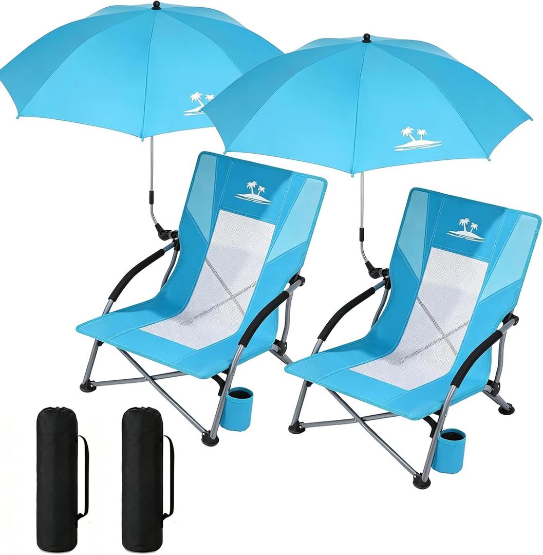 2PCS Folding Beach Chair with Umbrella, Low Profile Portable Sand Chair for Adults, Breathable Mesh Beach Seat with Cup Holder, Heavy Duty Lightweight Camping Chair, Ocean Blue with Light Blue