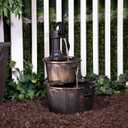 Alpine Corporation 27" Tall Rustic Outdoor 2-Tier Barrel Pump Water Fountain with Soothing Cascading Water Flow for Patio, Yard, Porch, or Landscape, Bronze