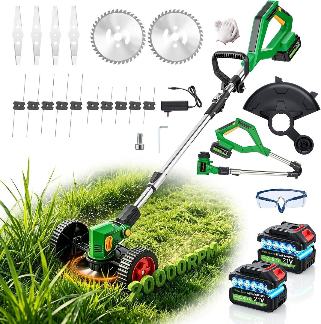 20000RPM Cordless Weed Wacker, 11" Cutting Range 4-in-1 Battery Powered Weed Eater, 21V Lightweight Brush Cutter, 800W String Trimmer Lawn Edger with 2 Batteries & LED Display, standard