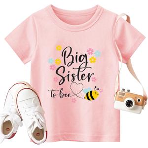Big Sister Shirt Baby Girl Cute Bees Tee Announcement Toddler Shirts Sibling Reveal Short Sleeve (Pink) 130