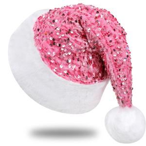 Sequin Santa Hat for Adults with Shiny Sequin and Fluffy Pompom, Party Hat for New Year Xmas Festival (Pink)