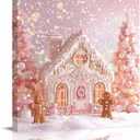 Pink Christmas Gingerbread House Canvas Wall Art for Living Room Winter Snowflake Wall Decor Printed Artwork Framed Wall Art for Bedroom Bathroom Office Home Decor 12" x 12", Pink Brown