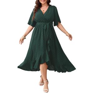 SCOMCHIC Women's Plus Size Summer Dresses Short Sleeve Wrap V Neck Swiss Dot Boho High Low Split Ruffle Maxi Dress (Emerald Green), XL