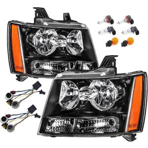 Headlights Assembly w/Bulbs & Wiring Harness compatible with 2007-2013 Chvey Tahoe Avalanche Suburban, Black Housing Amber