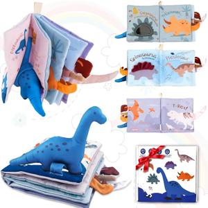 Richgv Baby Books Toys 0-6-12 Months, Baby Boy Gifts Touch and Feel Crinkle Books with Dino Doll, Newborn Infant Carseat Toys 6-9-12 Months Shower Gifts Easter Basket Stuffers
