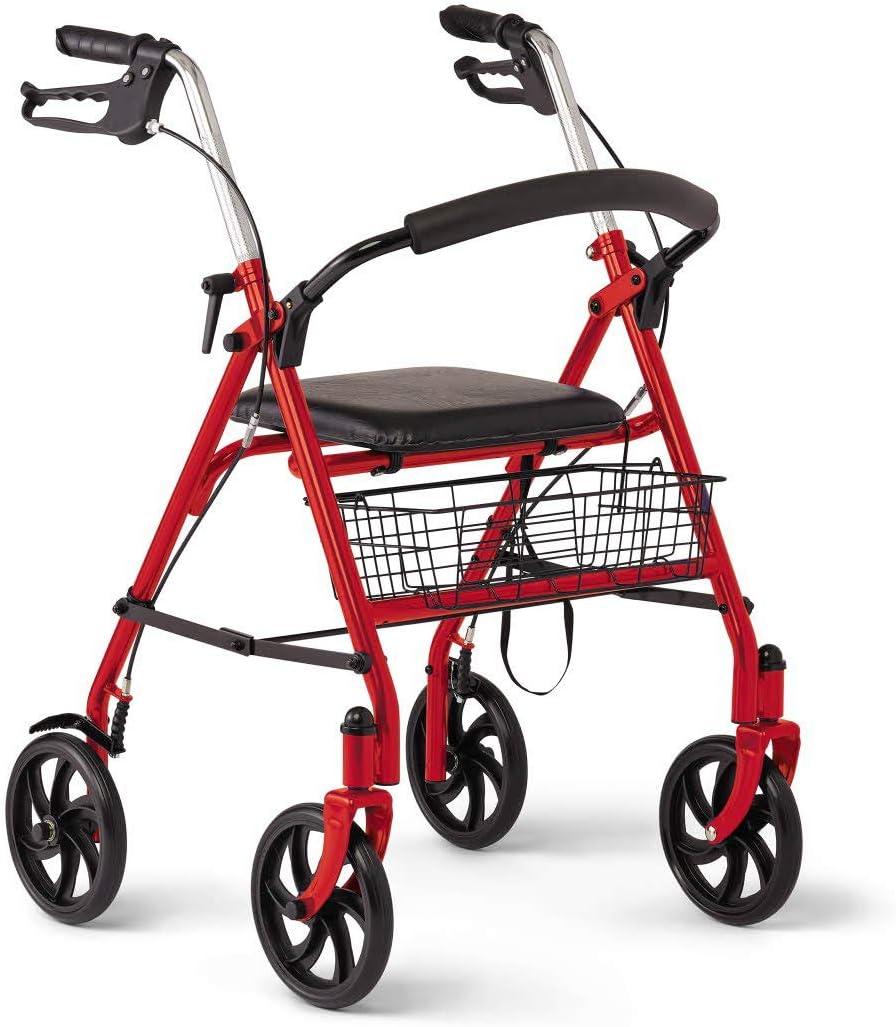 Medline Steel Rollator Walker with Seat, red, 300 lb. Weight Capacity, 8 Wheels, Foldable, Adjustable Handles, Rollator Walker for Seniors, Rolling Walker for Mobility Impairment