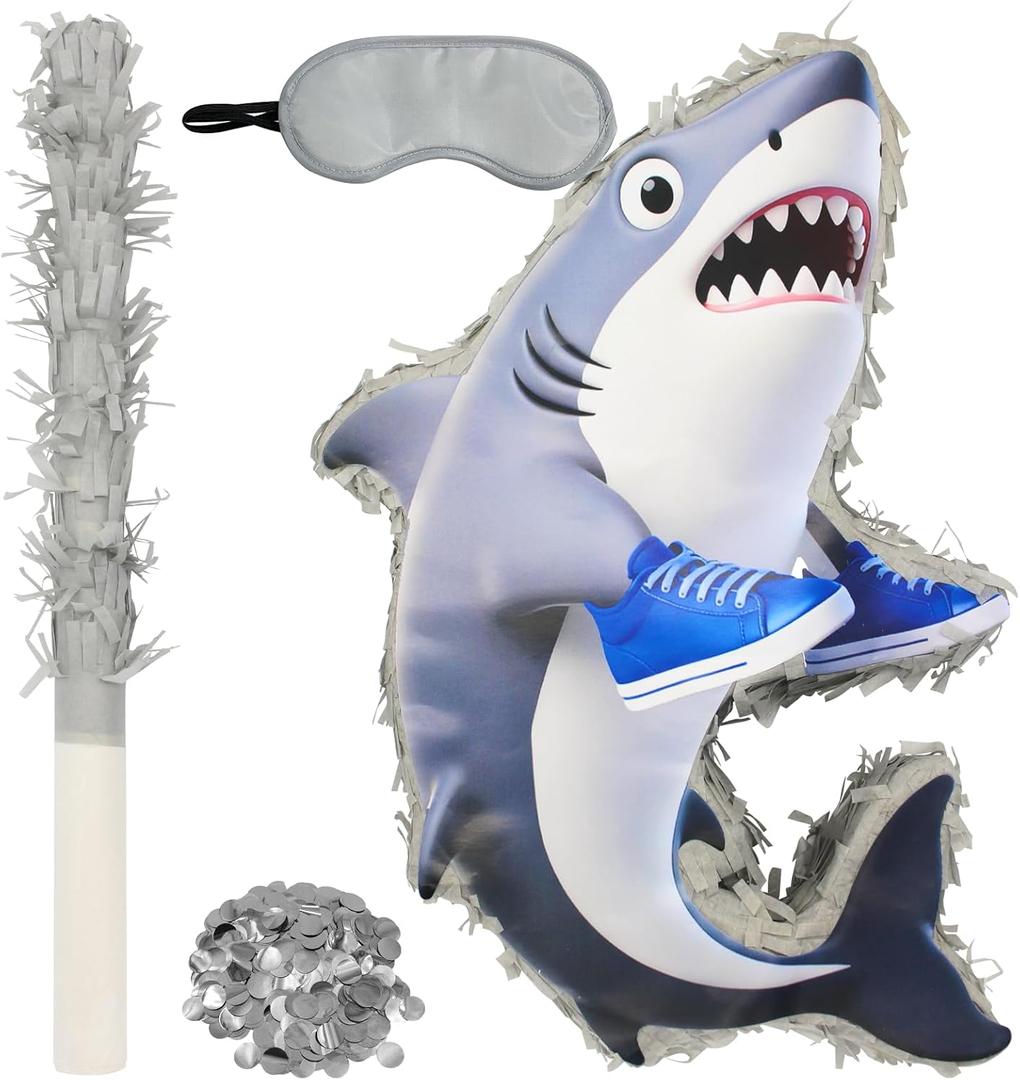 Shark Piata,Ocean Theme Shark Pinata with Stick,Blindfold and Confetti for Under the Sea Party Supplies Fishing Animal Theme Birthday Party Set(15.4")