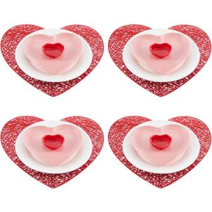 Jinei 8 Pcs Valentine's Day Tableware Set Include Large Pink Heart Ceramic Flat Plates White Dinner Ceramic Plates Red Heart Dish Bowls and Place Mats for Wedding Anniversary Party Decorations