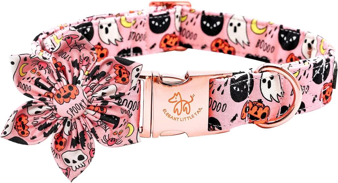 Elegant little tail Dog Collar with Flower, Fall Dog Collar Halloween Pumpkin Flower Collar Dog Girl Pet Collar Dog Collars for X-Large Dog