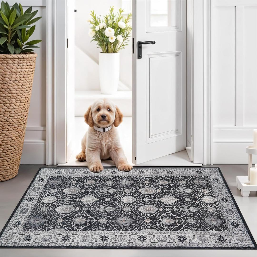 Washable 2x3 Entryway Area Rug: Vintage Soft Thin Door Mat with Non Slip Backing Water Resistant Carpet for Bedroom Low Pile Floor Mat for Kitchen Bathroom Easy Clean Rug for Family (2 X 3, Black)