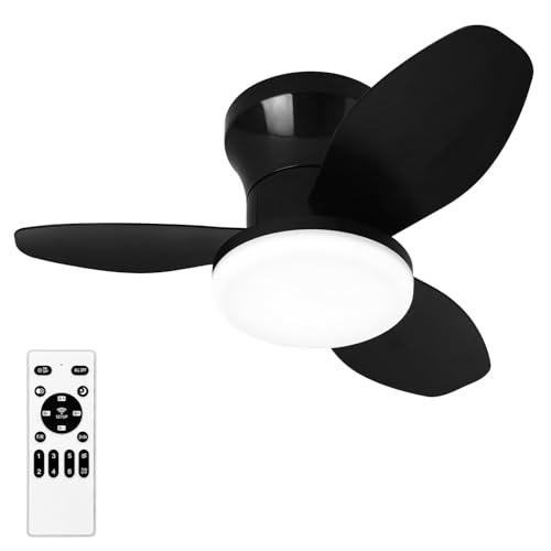 Glowall Small Ceiling Fan with Lights, 25" Flush Mount with Remote Control, Reversible Quiet DC Motor, Black, 3 Blades, 6 Speeds, Dimmable LED, Adjustable Color Temperature, Timer