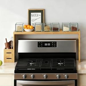 BESLCEID 31-inch bamboo stove rack for above the hob, kitchen bamboo spice rack, supports up to 50 pounds. Bamboo stove rack for storing spices and kitchen utensils. (Wood colour)