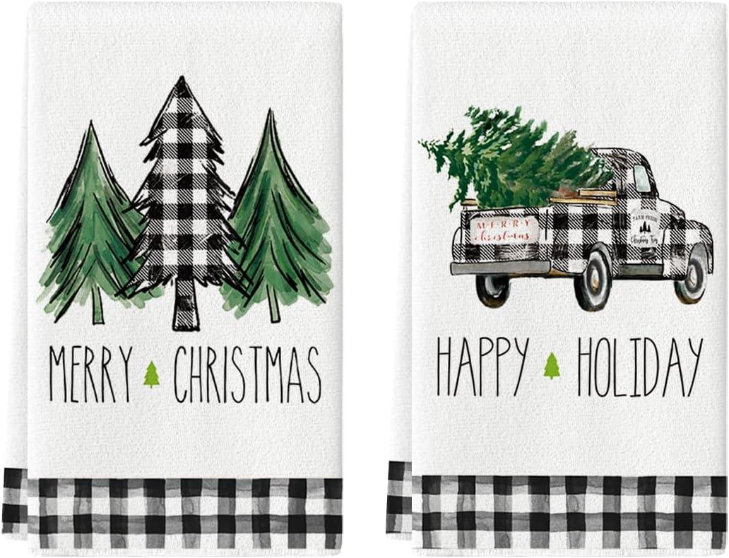 Artoid Mode Buffalo Plaid Truck Trees Kitchen Dish Towels Merry Christmas, 18 x 26 Inch Winter Drying Cloth Tea Towels for Cooking Baking Set of 2 (Black/Beige)