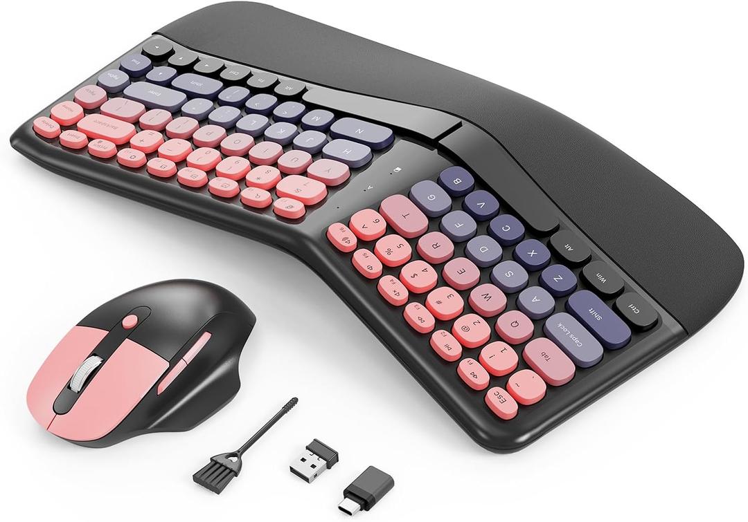 Ergonomic Wireless Keyboard and Mouse, Mechanical Gaming Set with Wrist Rest & OTG & Brush Ideal for Windows PC, Home, Office and College Black Pink