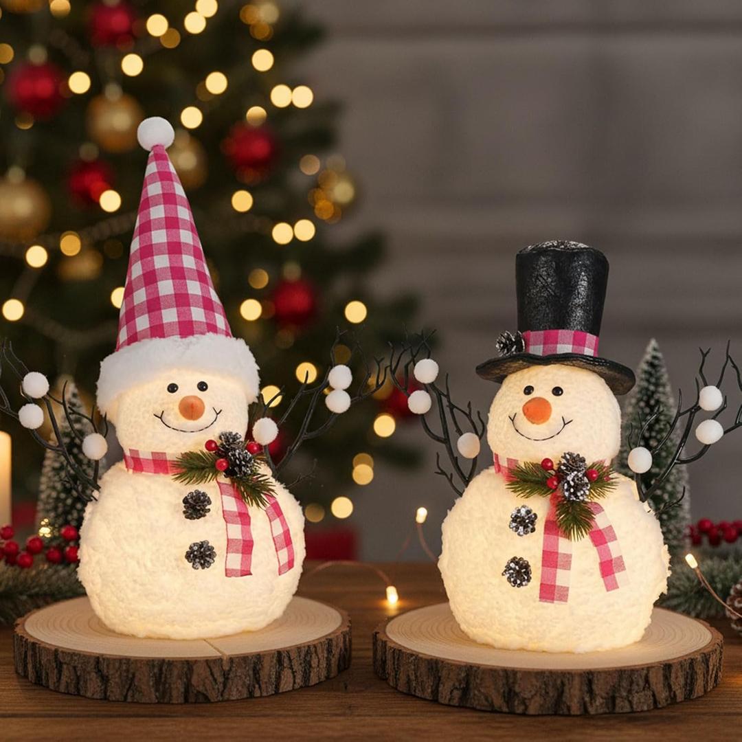 2 Pack Christmas Table Decorations, 14" Lighted Plush Snowmen FigurinesPastel Christmas Ornaments, Light Up Snowman Holiday Present, Battery Operated Xmas Gifts Indoor Tabletop Ornaments